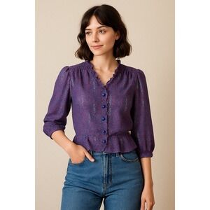 Vintage‎ 1980s Yoshimura Flower Blouse Floral Ruffle Peplum Top Japan Sz 34 XS/S